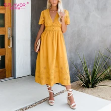 S. FLAVOR горячая Распродажа однотонное женское хлопковое платье Элегантное с v-образным вырезом с коротким рукавом длинное платье женское пляжное Стильное повседневное платье