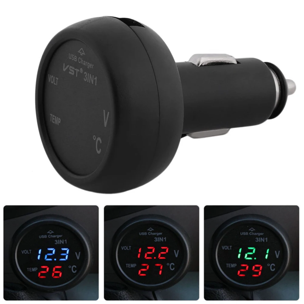 

Newest 3 in1 Digital Voltmeter Thermometer USB Car Charger 12/24V 5V 2.1A Cigarette Lighter Drop Shipping Hot Selling