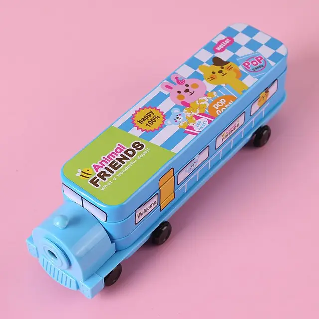 Creative Metal Pencil Case Train Shape Double Layers Pen Box With
