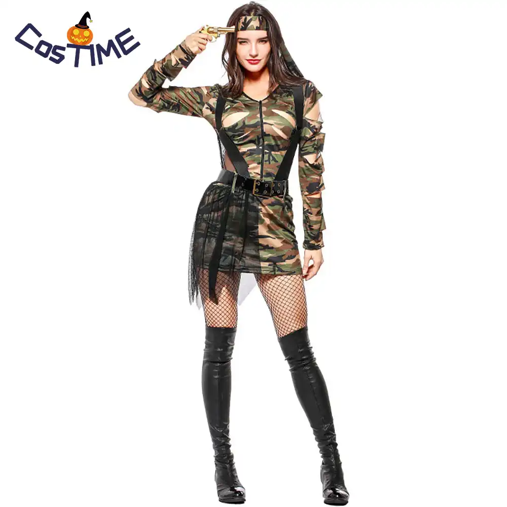 Womens Army Girl Costume Soldier Fancy Dress Roleplay Outfit Camouflage Style