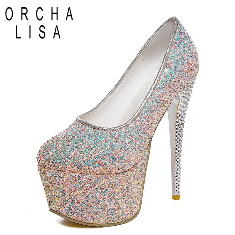 

ORCHA LISA Sexy Women Pumps High Heels Shoes Party Platform Bling Glitter Women Shoes Dress Pumps Stilettos Zapato Mujer C446