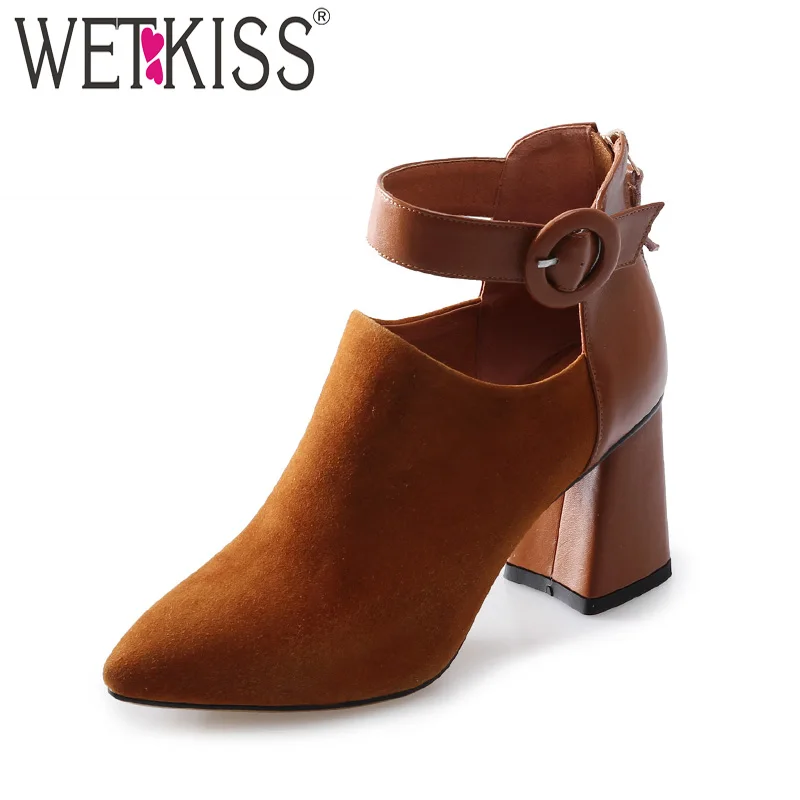 

WETKISS High Heels Ladies Pumps Pointed Toe Hoof Heels Buckle Genuine Leather Zipper Kid Suede Footwear Spring Brand Shoes Women