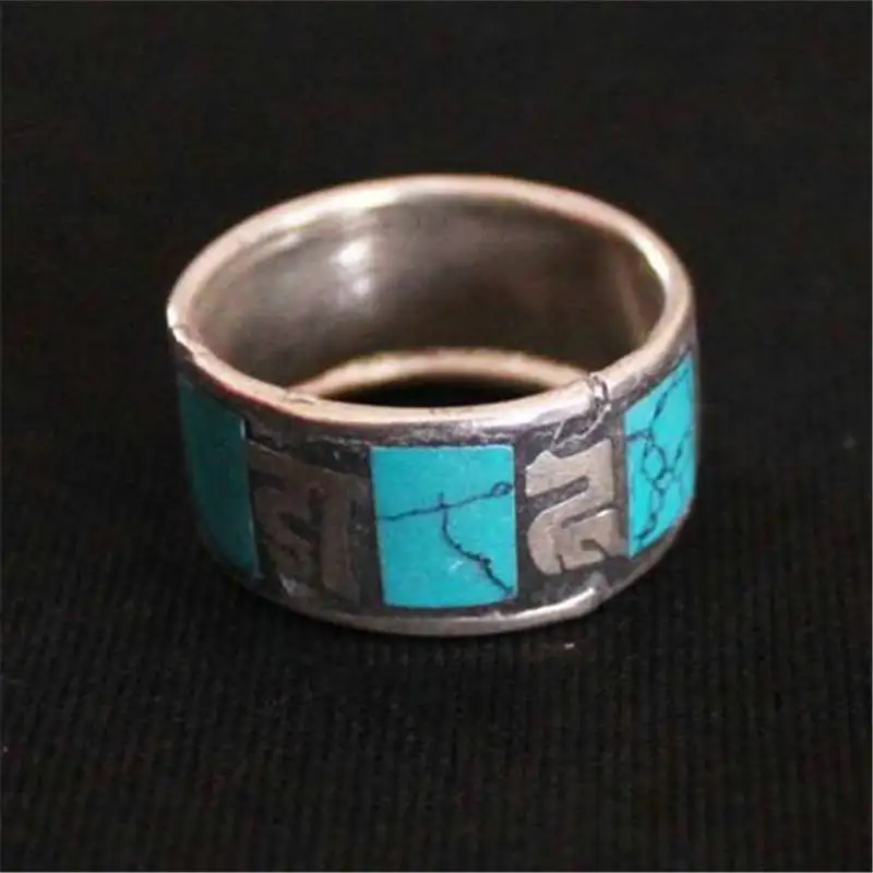 

R002 Tibetan Mantras Amulet Rings Copper Inlaid Stone Close Ring OM MANI PAD ME HUM
