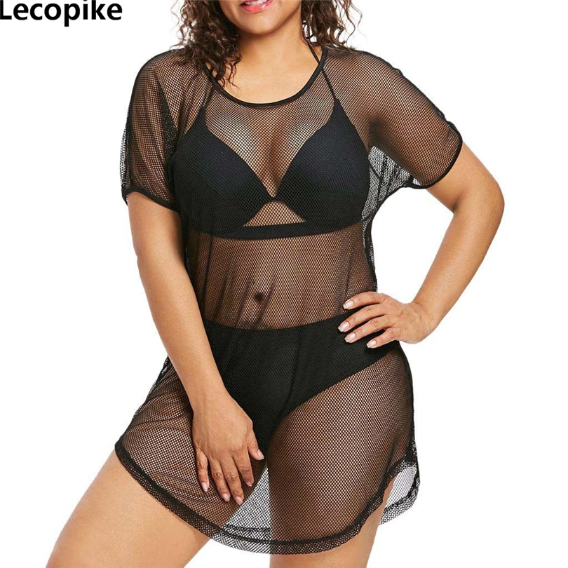 

Lecopike Women Dress Plus size 5XL Summer O-Neck Bikini Cover Up Swimwear Bathing Sexy Mesh Beach Dress See through Sundress A20
