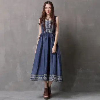 

Vintage Embroidery Denim Dress Summer Lady Sexy Slash Neck Strap A-line String Waist Women Casual Party Dresses Vestidos