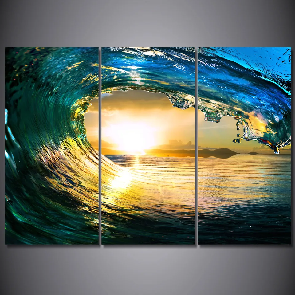 Напечатанный 3 шт Холст Искусство океан волна закат море Paintingcanvas живопись