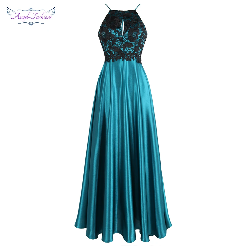 Angel fashions моды Для женщин Холтер Черный цветочные кружева рукавов атласная line