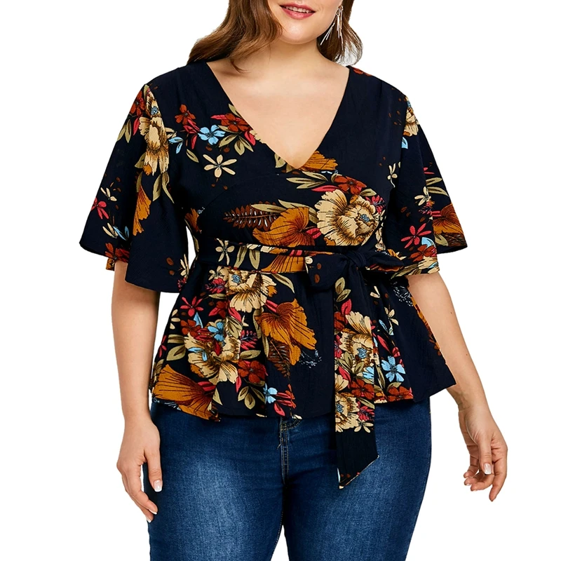 2018 Women's Sexy V neck floral print Casual short Sleeve Sweet Ruffled ...