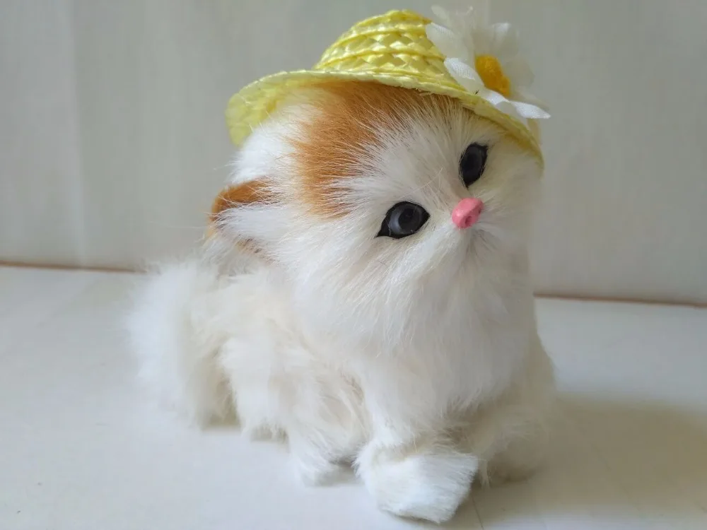 

about 14x10x13cm simulation cat model toy polyethylene&furs yellow head cat with hat handicraft,decoration baby toy d2700
