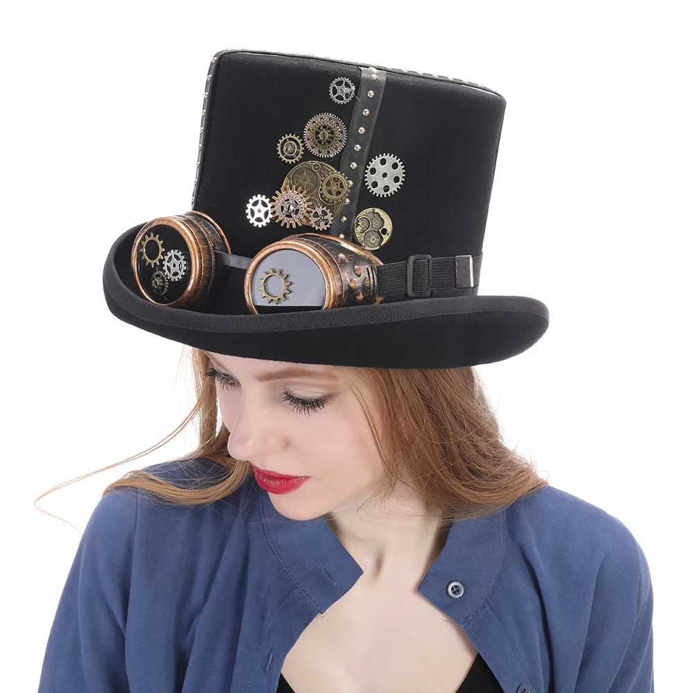 Women Men Black Wool Steampunk Top Hat With Handmade Steam Punk Glasses ...