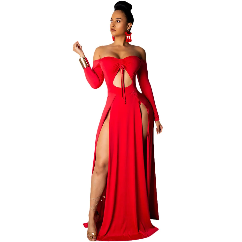 

Sexy Women Off Shoulder High Slit Dress Summer Elegant White Red Hollow Out Maxi Dress Long Sleeve Party Club Dresses Vestidos