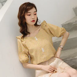 Plaid Casual Women's Shirt Short Sleeve V Neck Blusa Feminina Sweet Cotton Female Ruffles Blouse Tops blusas mujer de moda 2019 Plaid Casual Women's Shirt Short Sleeve V Neck Blusa Feminina Sweet Cotton Female Ruffles Blouse Tops blusas mujer de moda 2019