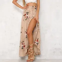 Летние Винтаж Цветочный принт с боковыми обтягивающая юбка макси Для женщин Нерегулярные Длинные юбки в стиле бохо