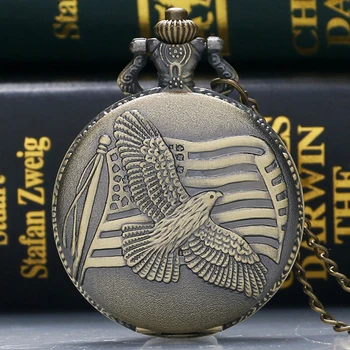 

2017 New Retro Bronze The Old Glory Pendant Necklace the Stars and the Stripes Quartz Pocket Watch Unisex Gifts