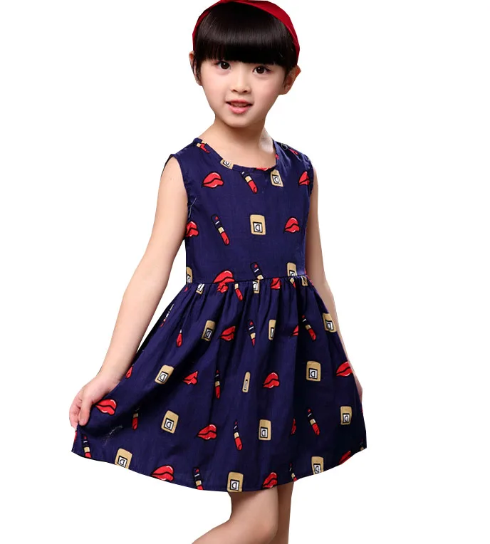 

Children 's clothing summer lipstick perfume fashion 100% pure cotton kids Korean printing sleeveless girls dress