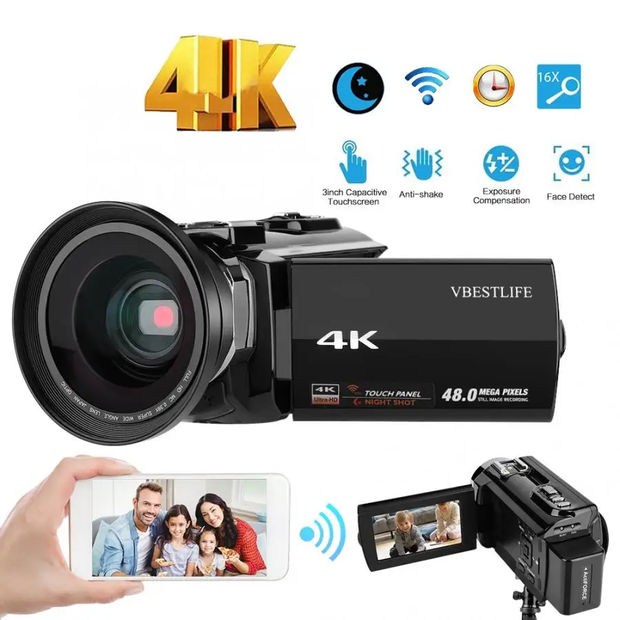 

4K 48MP WiFi Digital Video Camera 16X digital zoom Camcorder with 3-inch Touchscreen Wide Angle Lens camera profissional Cam