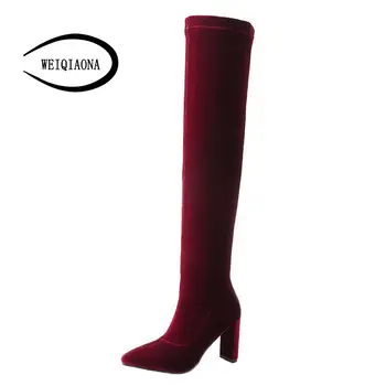 

WEIQIAONA Winter Women's Sexy Pointed toe fashion Elasticity Thin Over knee boots Imported velvet ladies Chunky heel high boots