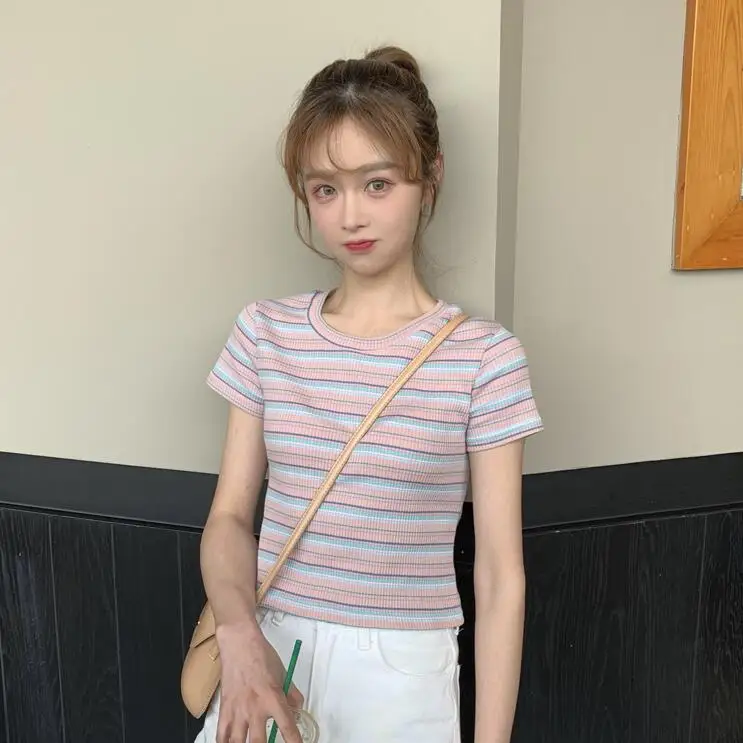 

2019 spring and summer new style Colorful striped slim short t-shirt
