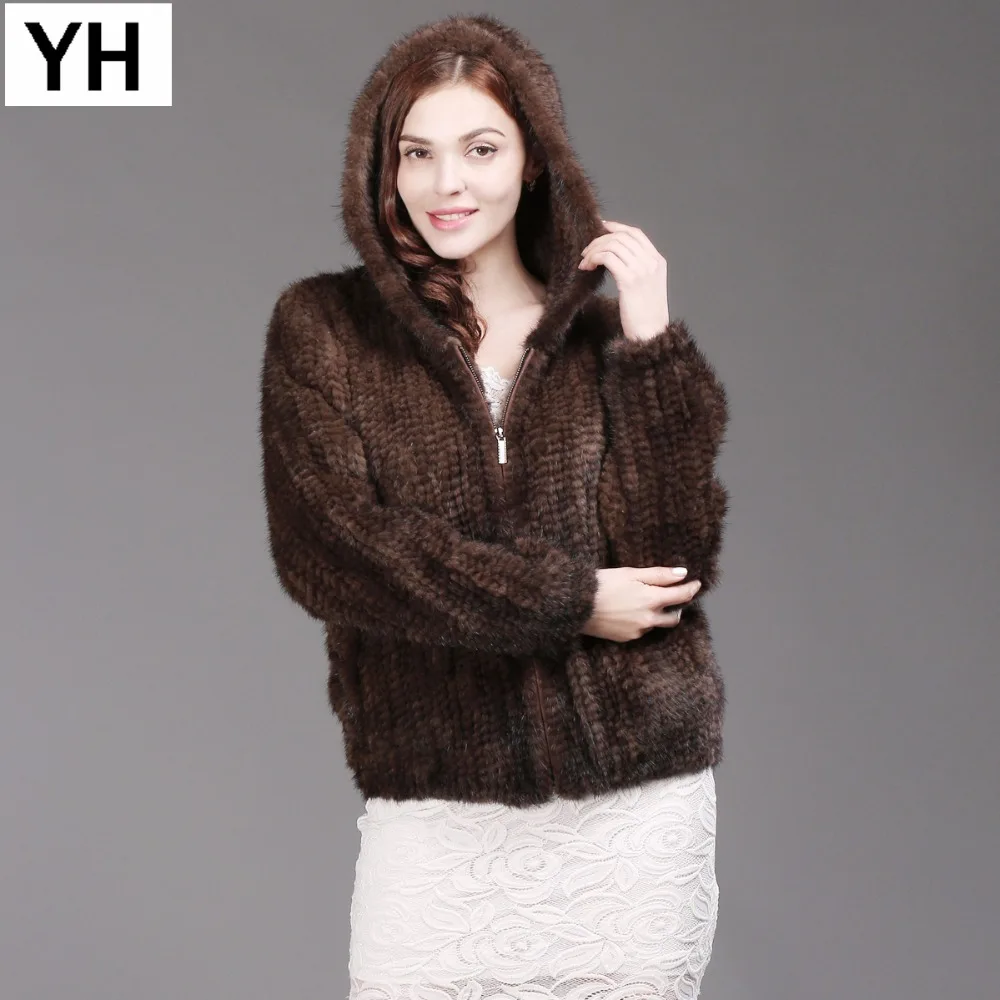 New Fashion Women Knitted Real Mink Fur Hooded Coat Genuine Mink Fur
