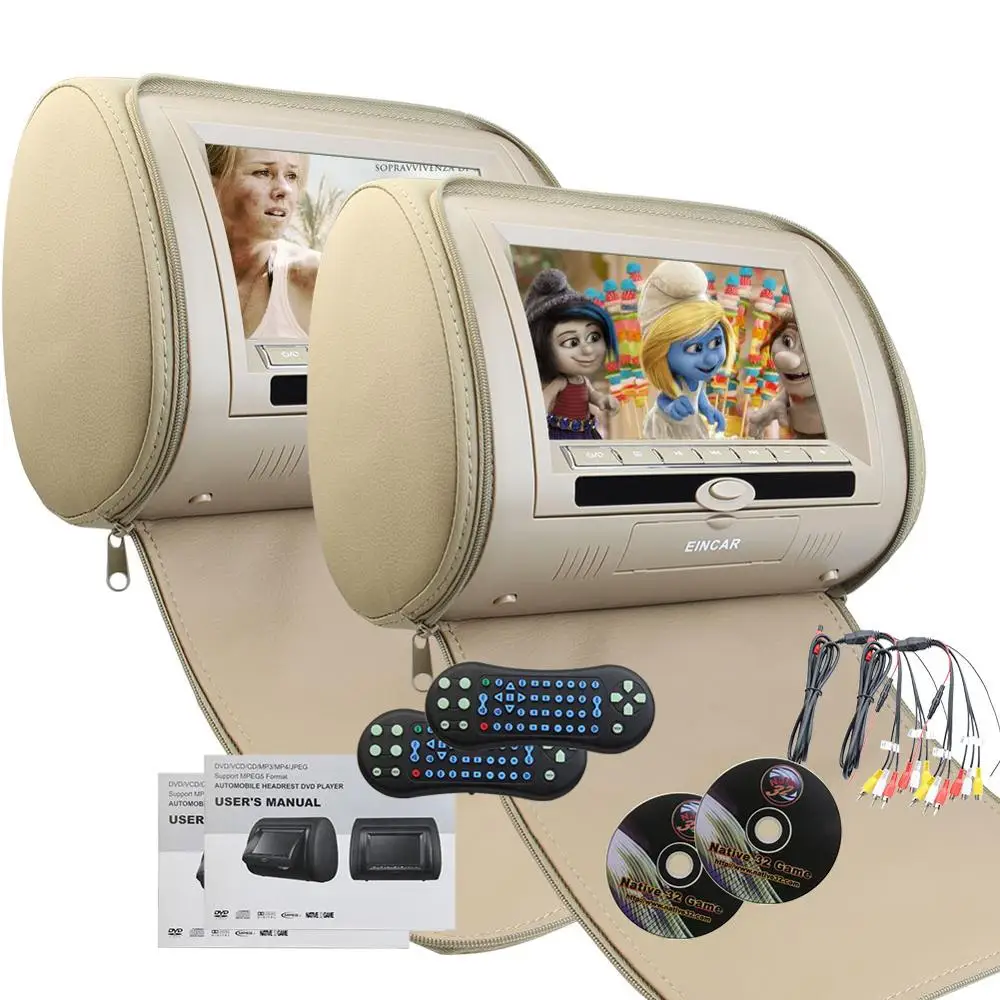 Best 2 Pair Headrest Pillow Double Twin 7inch HD Digital Screen Dual Car DVD Player Multimedia Video IR FM Transmitter Remote Control 2