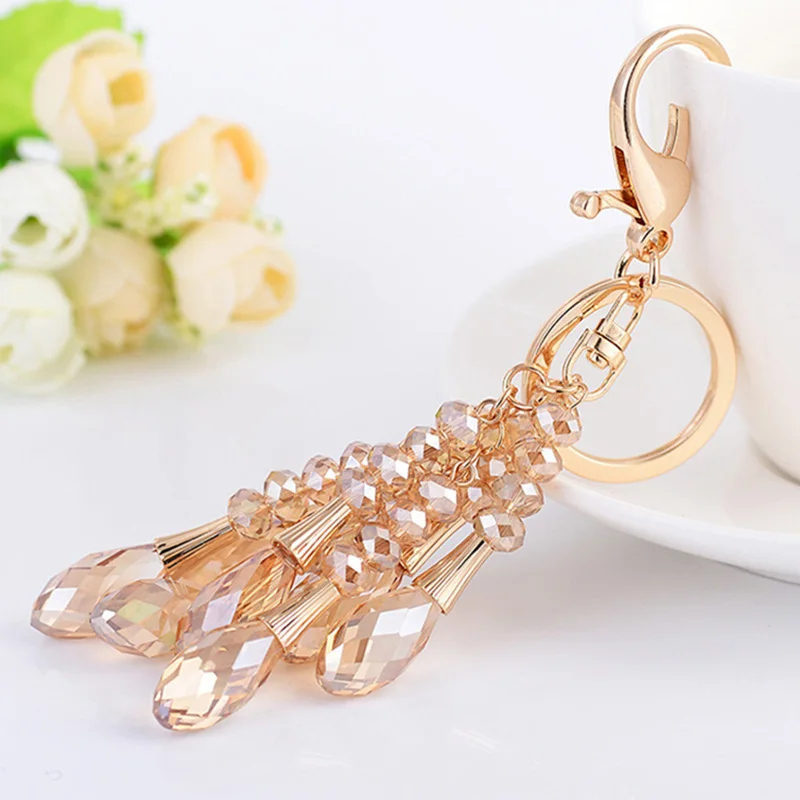 

2017 Elegant Crystal Bead Tassel Keychain Car Rhinestone Water Drop Keyrings Pendant For Bag Handbag Charms Jewelry Party Gift