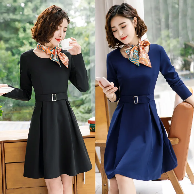 

2018 Autumn And Winter Casual fashion elegant Women's Black Blue Dress Dresses ladies Work Uniform Suit Business Dress OL Wear