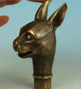 

Chinese Old Bronze Handmade Carved Rabbit Collect Statue Walking Stick Head