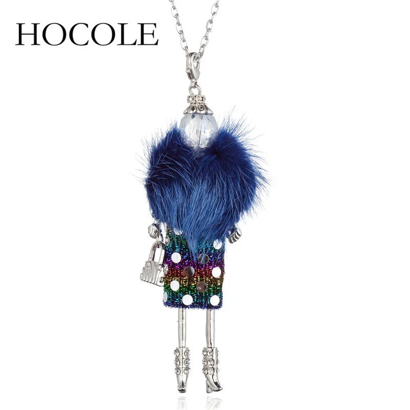 

HOCOLE New 5 Colors Fur Handmade French Doll Statement Necklaces Long Chain Pendant Necklace Bohemian Girls Women Accessories