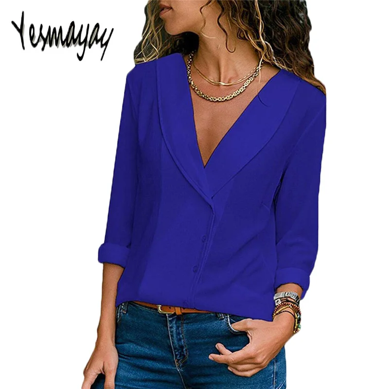 En Ligne À Manches longues Blouse Femmes Sexy Col En V Profond Blanc Solide Femmes Chemises Et Blouses Chemisier En Mousseline 2018 Work Wear Bureau blouse