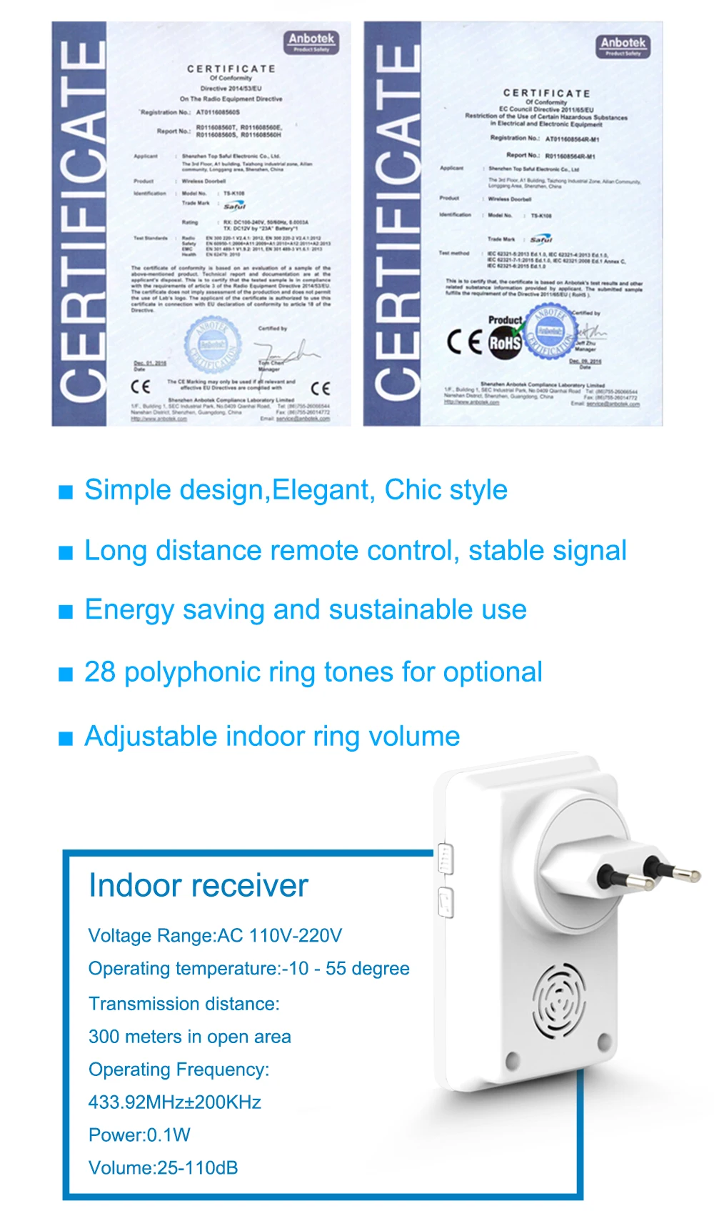 Saful Waterproof Wireless Doorbell Led Light doorbells EU US AU UK plug (10)