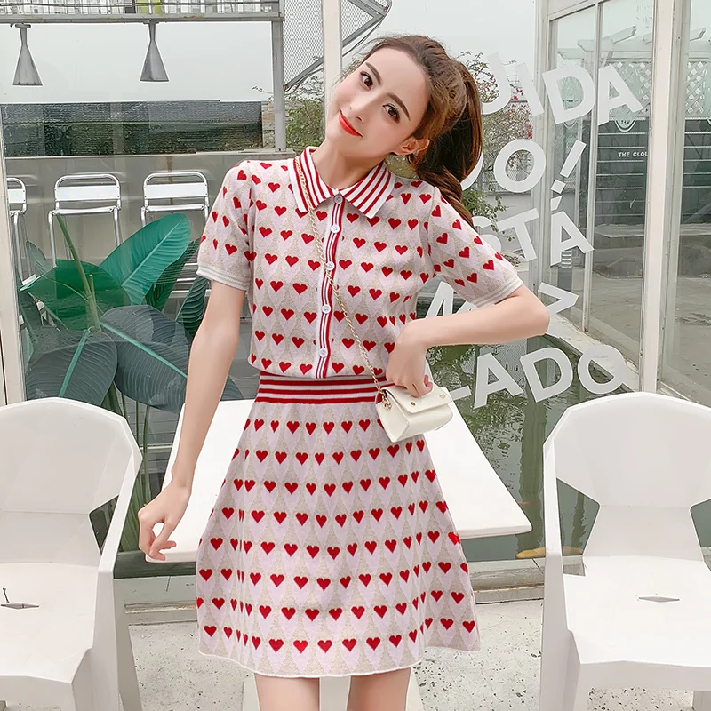 

Summer Matching Sets Women Short Sleeve Knit Tops + Heart Printted Mini Skirt Suits Womens Two Piece Sweetsuit Knit Skirts Set