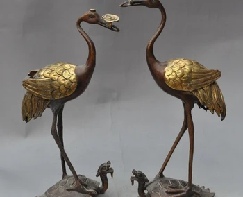 

14"old china fengshui pure bronze dragon head turtle ruyi crane d statue pair