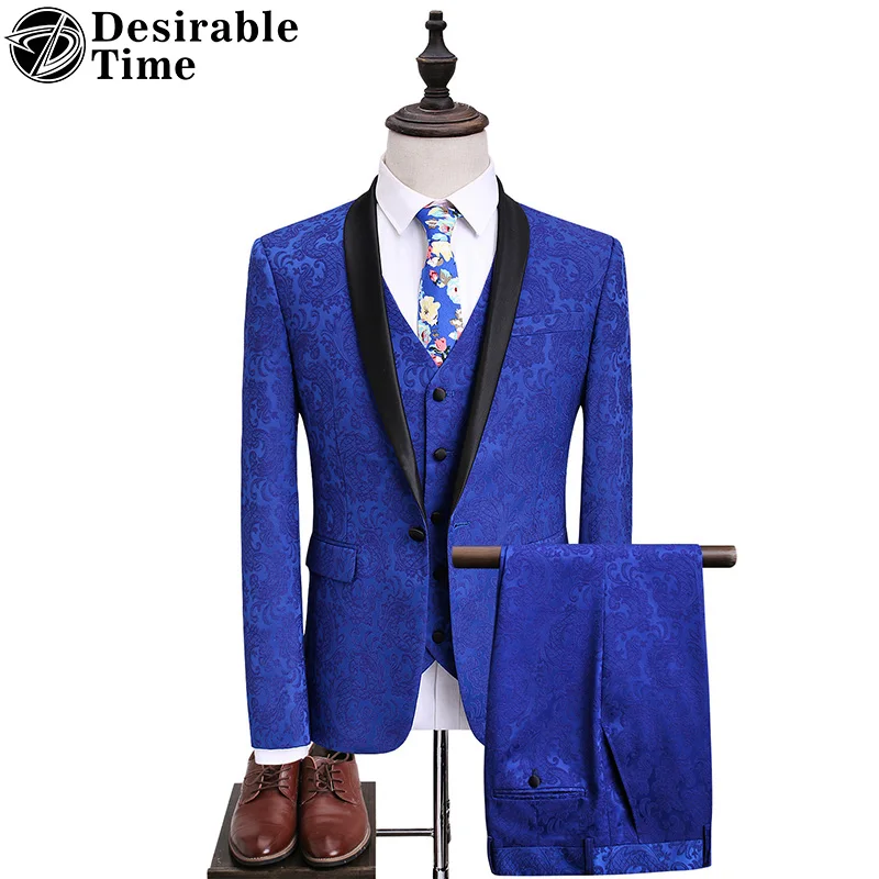 Desirable Time Mens Royal Blue Floral Suits with Pants Shawl Collar Prom Groom Wedding Dress Suits for Men DT108