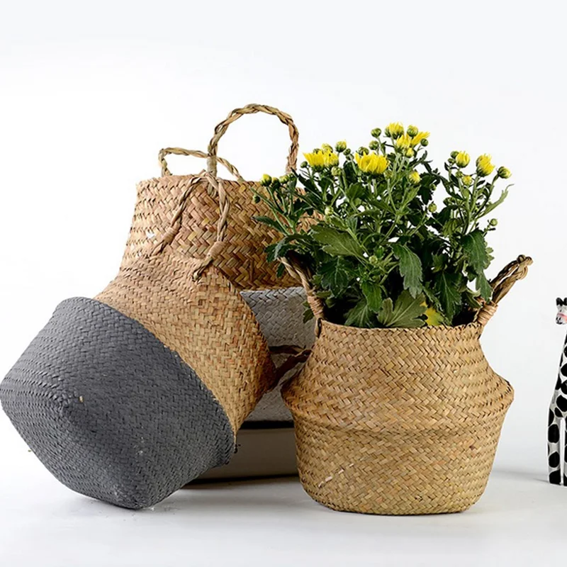 Garden Plant Flower Pot Handmade Rattan Storage Basket Foldable Seagrass Straw Hanging Woven Handle Toy Storage Container 1Pc