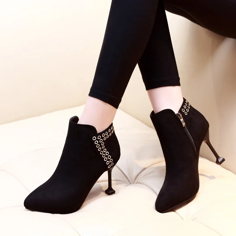 

2018 New Elegant Women Ankle Boots Fashion Pointed Toe High Heels Winter Boots Black Fashion Boots Shoes Woman CH-A0066