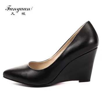 

Fanyuan New fashion high heel women brand pumps wedges lady solid color Pointedtoe increased shoes runway model show lazy shoes