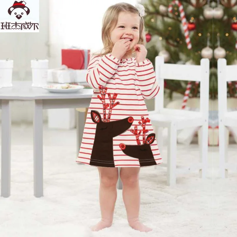 

New Autumn Christmas stripe Dress 2018 Girl Dress For Baby Princess Dress Girls Clothes Christmas Party deer Kids Clothes