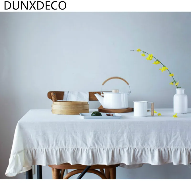 

DUNXDECO Tablecloth Soft Linen Cotton Table Mat Simple Plain White Romantic French Flouncing Mesa Cover Fabric Home Party Deco