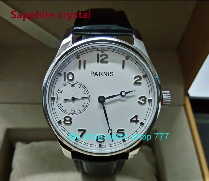 

Sapphire crystal 44mm PARNIS white dial blue hands 17 jewels ST3600 Mechanical Hand Wind movement Men's watches DF104A