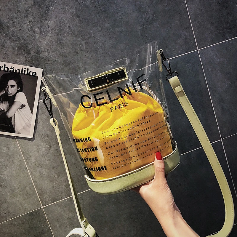 Summer New Fashion Bag Transparent Letters Solid Color Inner Bag Large Capacity Bucket Bag Shoulder Diagonal Ladies Bag