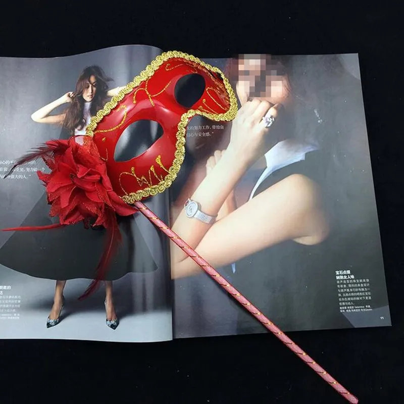 Светодиодный светящийся женский Блестящий Венецианский шар Маскарадная маска на палочке Цветочные боковые маски ручной работы маска на Хэллоуин платье - Цвет: 2 red