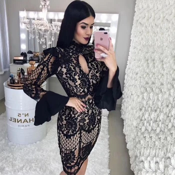 

2019 Fashion Long Sleeve Balck Patchwork Lace Summer Dress Chic Summer Vestidos Party Night Out Celerbity Bandage Dresses Festa