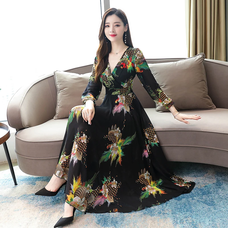 

Women V- Neck Floral Party Dress Autumn Ankle-Length Loose Long Dresses Elegant Ladies Vintage Print Plus Size Dress Vestidos