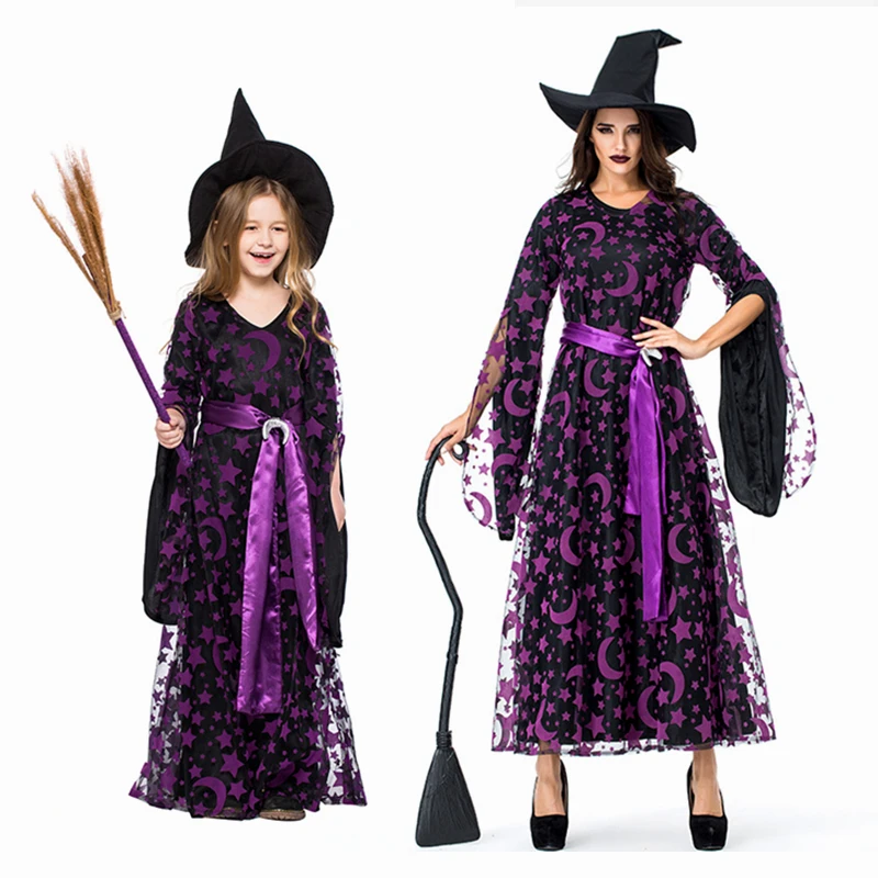 

Women Witch Costume Baby Girls Halloween party clothes Purple Witch fancy dress Carnival Cosplay Costume Parent-child game suit