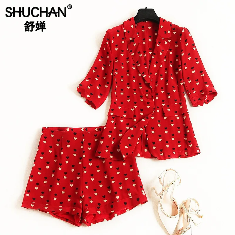 

Shuchan Red Print 2 Piece Shorts Set Women Single Button Blazer Short Sleeve+shorts Natural Silk Matching Sets high quality12222