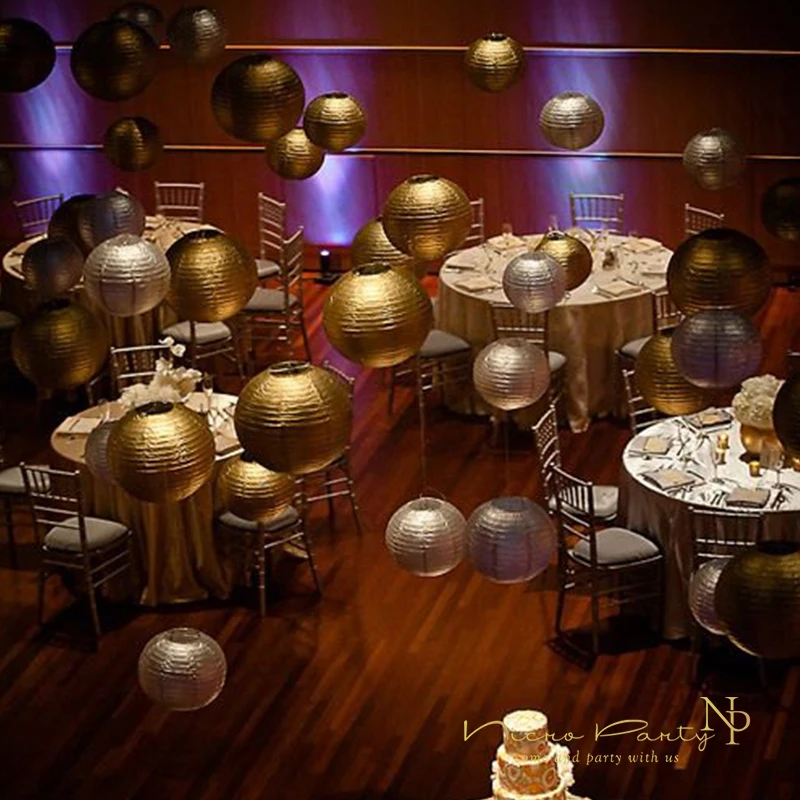 Nicro 10 ''золотой серебряный круглый бумажный фонарь s Лампа Круглый Китайский бумажный фонарь для DIY свадьбы дня рождения вечеринки украшения для детей