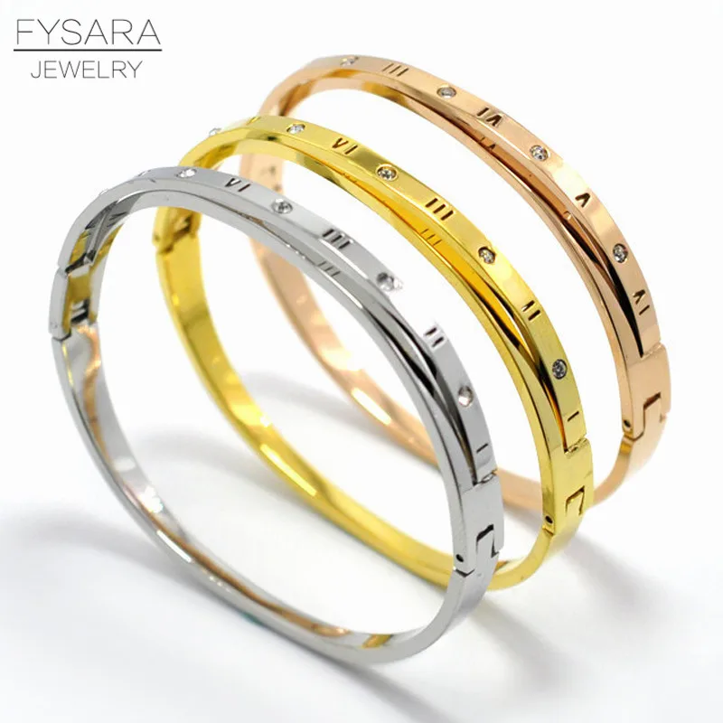 

FYSARA Couple Bracelet Carving Hollow Roman Numerals Cuff Bangle Women Stainless Steel Bangle Crystal X Bracelet Wedding Jewelry