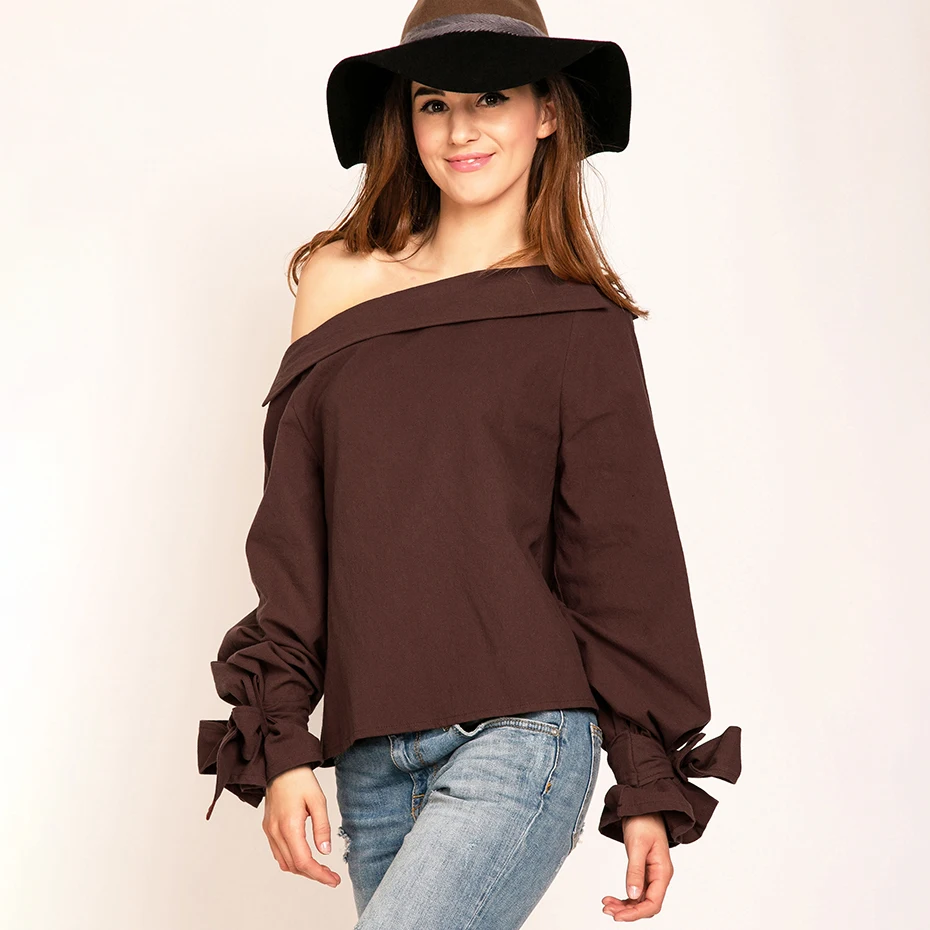 Long sleeve blouse shirt women tops Summer skew blouses chemise brown