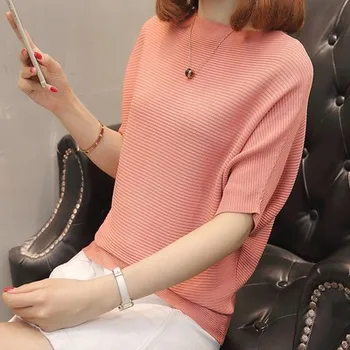 

New fashion 2019 summer Cool thin half sleeve solid color sweater round collar ice hemp dress batwing coat