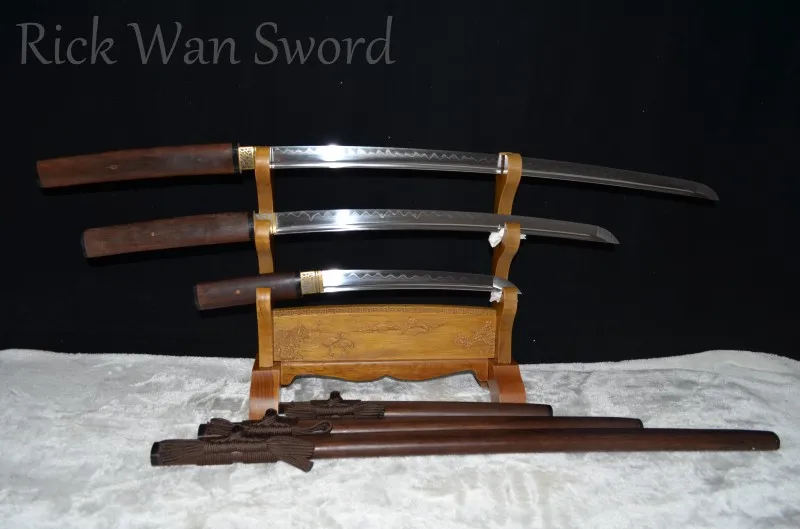 

Handmade Shirasaya Samurai Japanese Swords Set Katana Wakizashi Tanto Full Tang Real Sharp Blade Hualee Wood 4 bull horn
